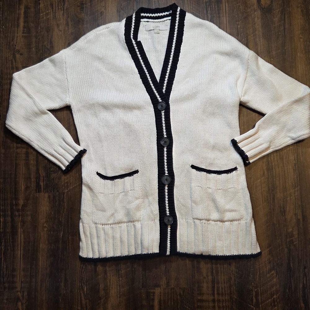 LOFT Cream and Black Women's Cardigan Sweater